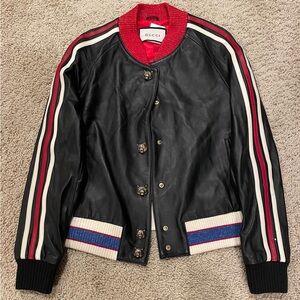 GUCCI Black Leather Bomber Jacket with Red, White & Blue Stripe Trim